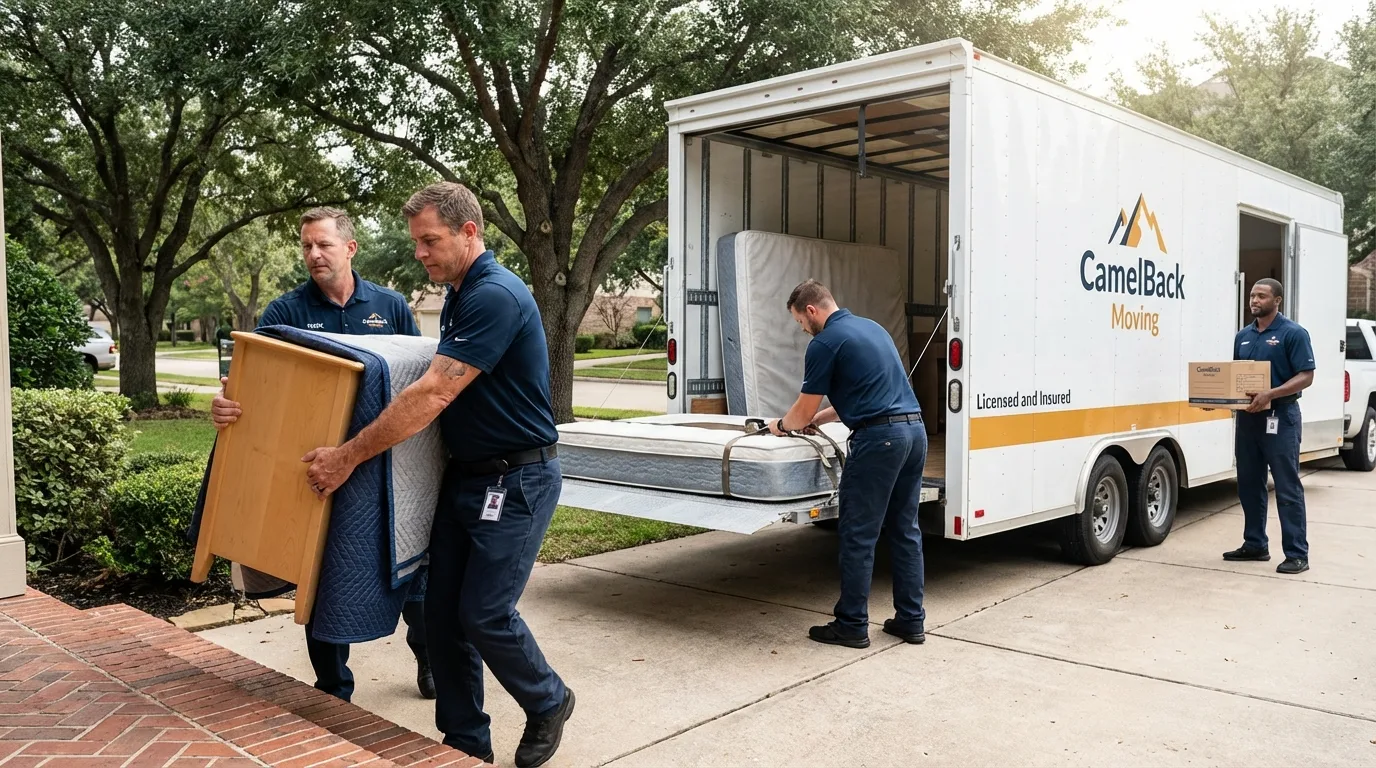 Crew loading residential truck for cross-state move from Vevay, IN