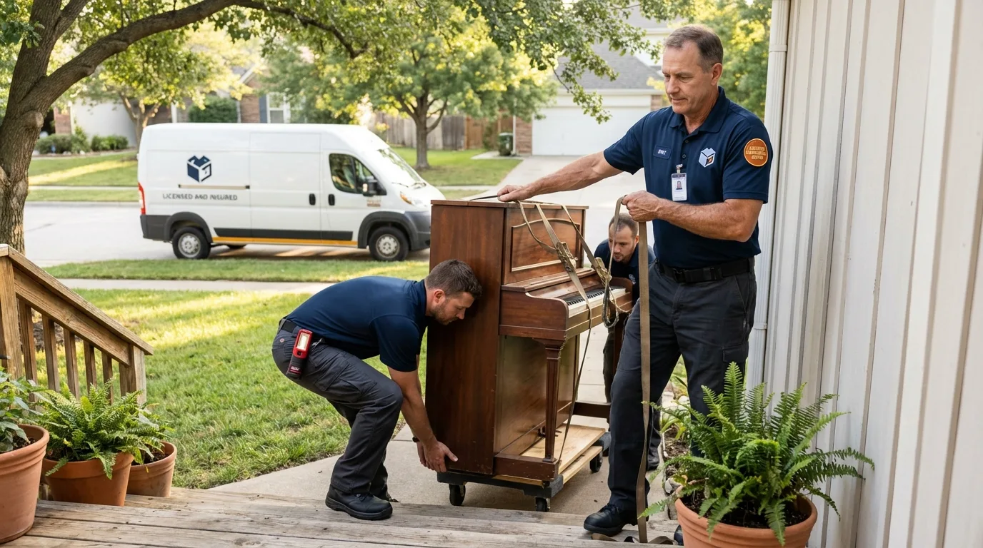 Licensed piano movers securing grand piano in Vevay, IN