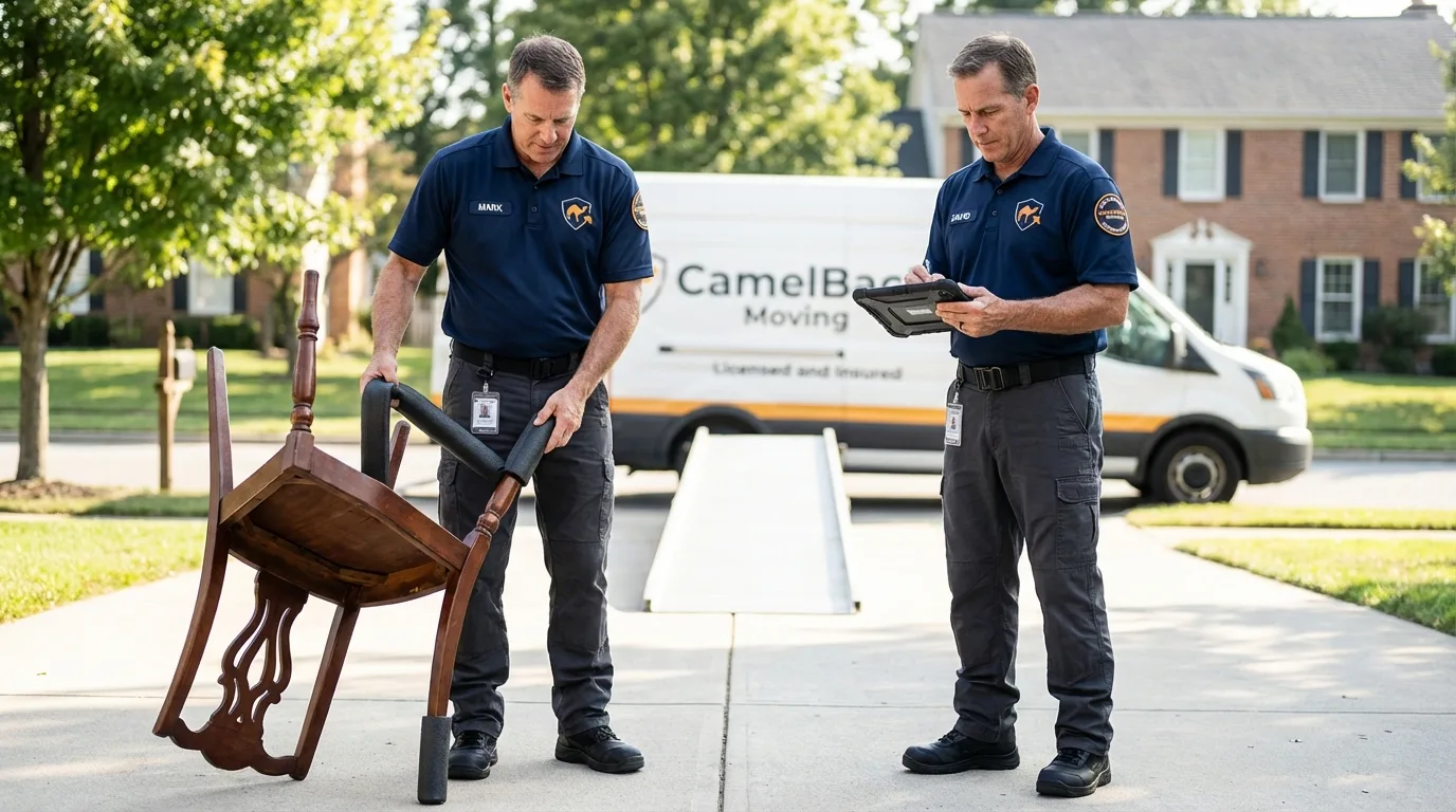 Movers inspecting furniture for damage prevention before loading in Vevay, IN